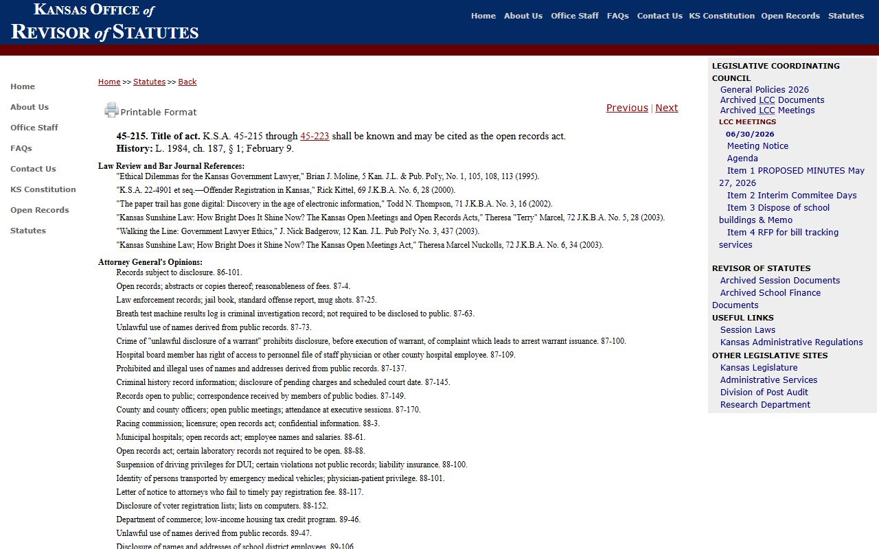 Franklin County Clerk of the District Court Kansas Open Records Act citation