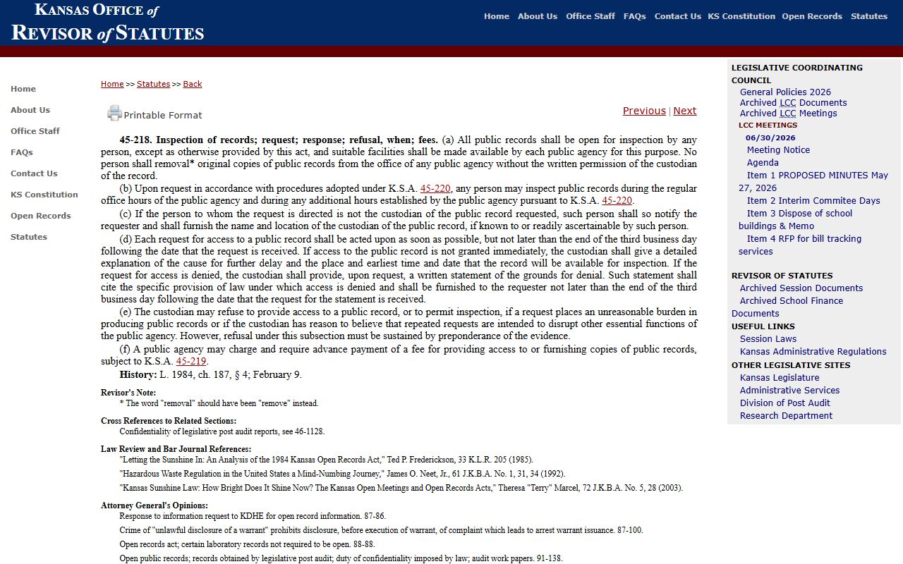 Franklin County Clerk of the District Court records request response statute