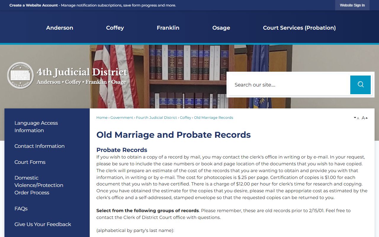 Franklin County Clerk of the District Court old marriage and probate records