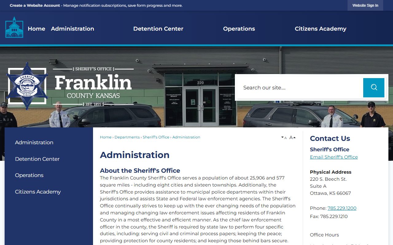 Franklin County Sheriff administration page naming sheriff leadership