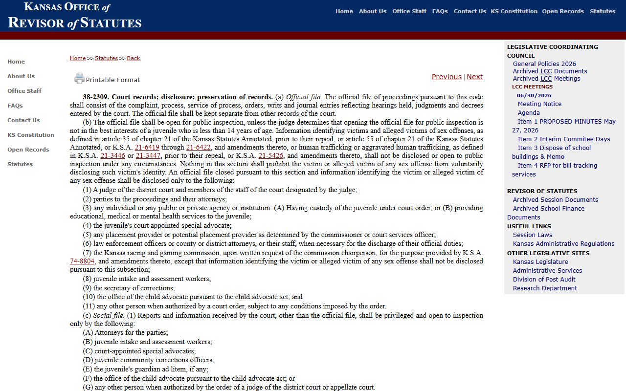 K.S.A. 38-2309 juvenile court records statute page