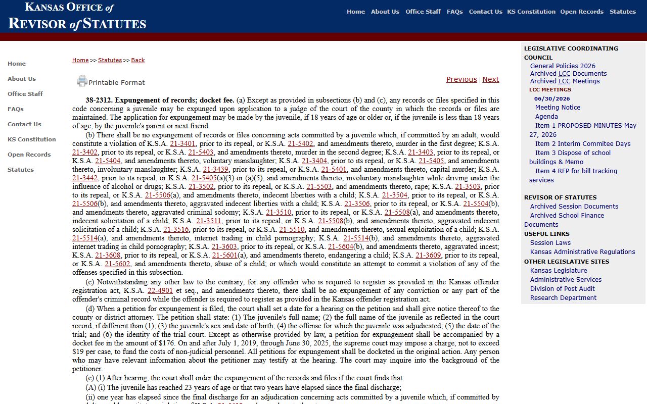 K.S.A. 38-2312 juvenile expungement statute page