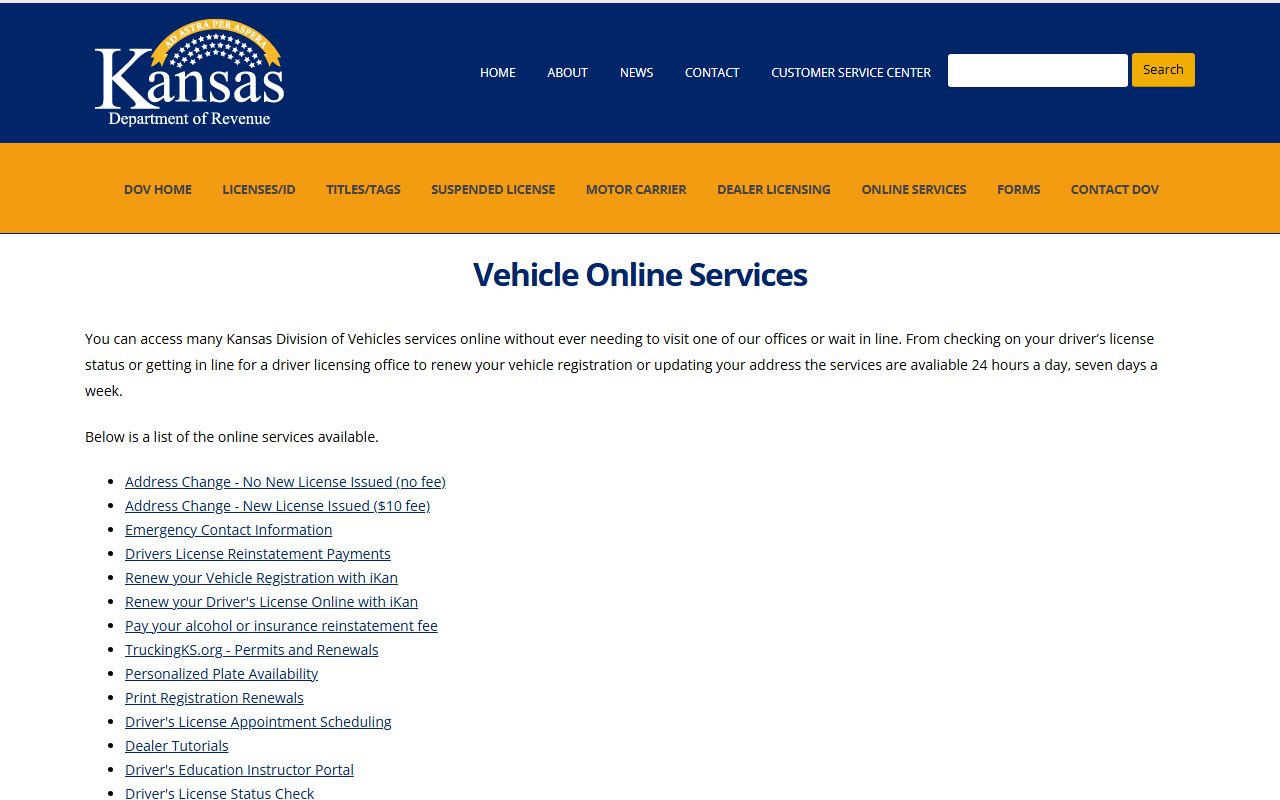 Kansas Division of Vehicles online services page