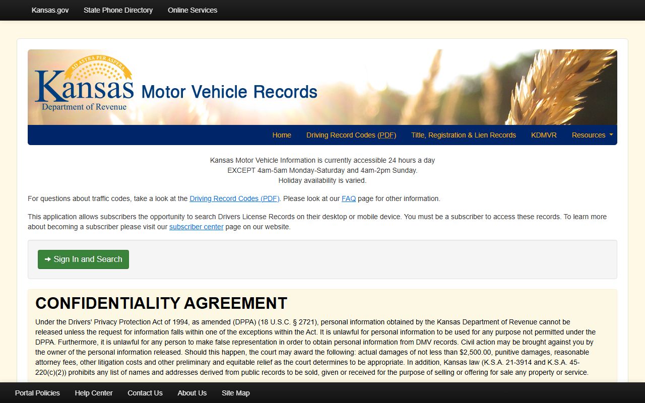Kansas.gov motor vehicle records portal