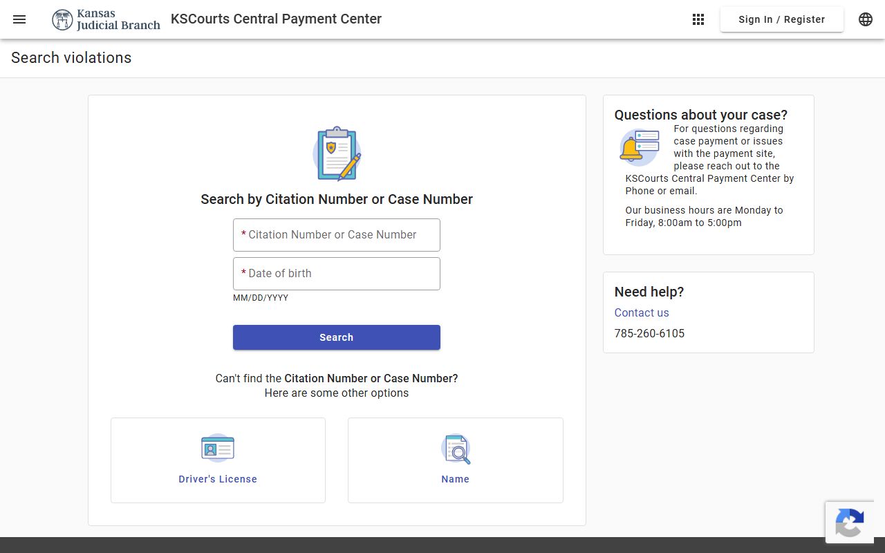 KSCourts Central Payment Center case and citation search screen