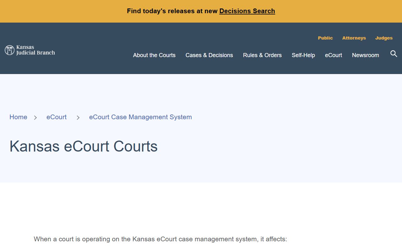Kansas eCourt courts list showing centralized case management information