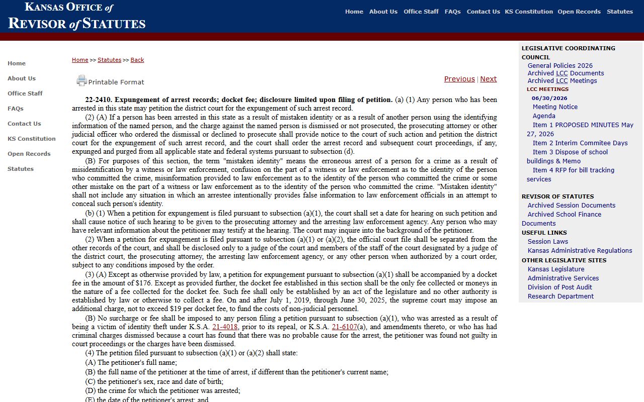 K.S.A. 22-2410 arrest expungement statute page