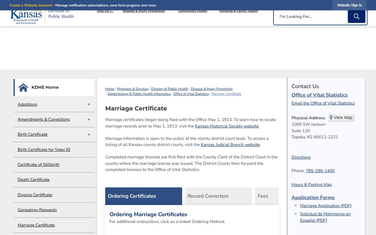 Franklin County marriage records KDHE marriage certificate source